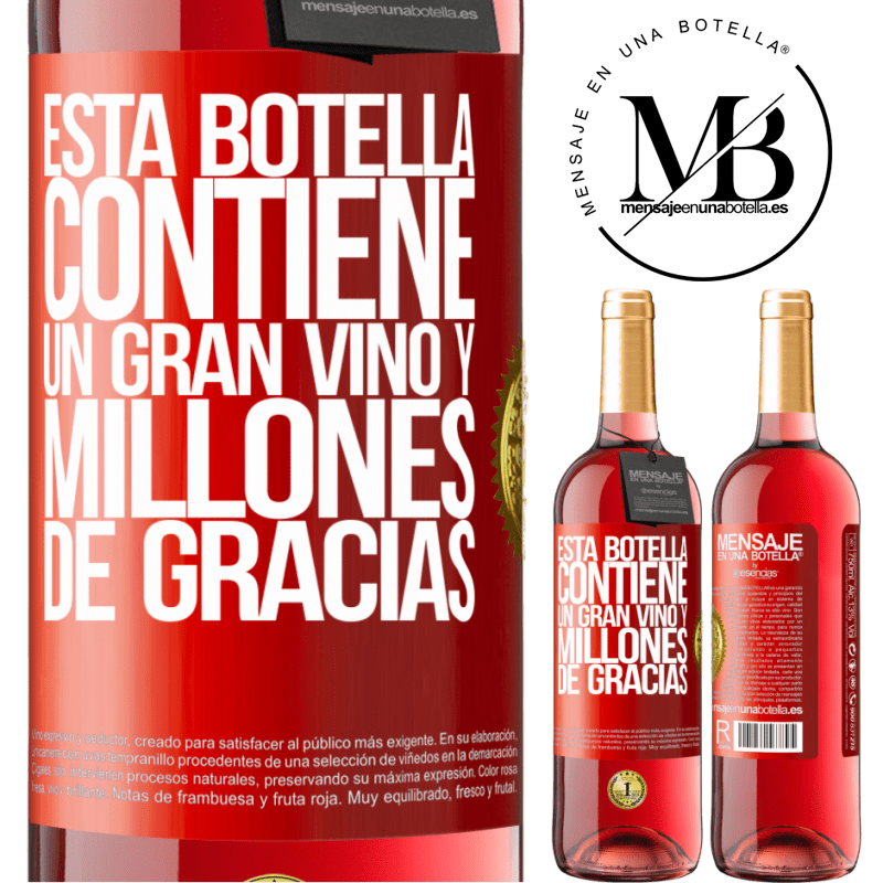 29,95 € Envío gratis | Vino Rosado Edición ROSÉ Esta botella contiene un gran vino y millones de GRACIAS! Etiqueta Roja. Etiqueta personalizable Vino joven Cosecha 2023 Tempranillo