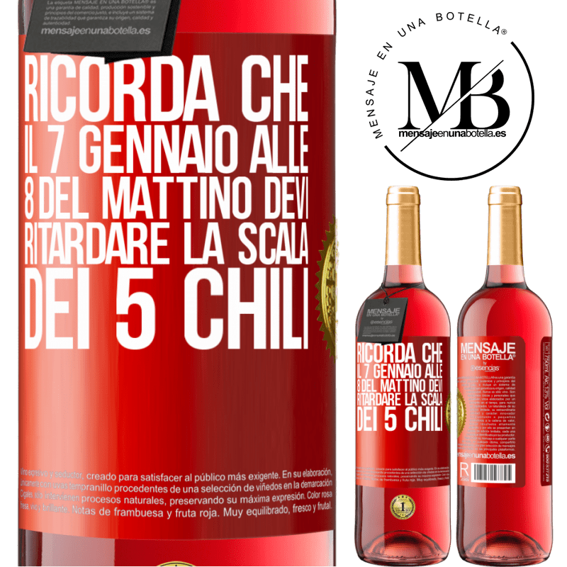 29,95 € Spedizione Gratuita | Vino rosato Edizione ROSÉ Ricorda che il 7 gennaio alle 8 del mattino devi ritardare la scala dei 5 chili Etichetta Rossa. Etichetta personalizzabile Vino giovane Raccogliere 2023 Tempranillo