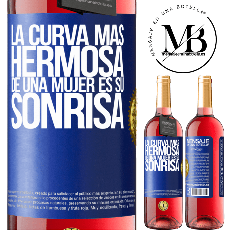 29,95 € Envío gratis | Vino Rosado Edición ROSÉ La curva más hermosa de una mujer es su sonrisa Etiqueta Azul. Etiqueta personalizable Vino joven Cosecha 2024 Tempranillo