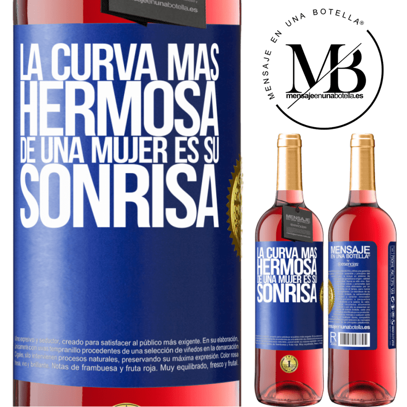 29,95 € Envío gratis | Vino Rosado Edición ROSÉ La curva más hermosa de una mujer es su sonrisa Etiqueta Azul. Etiqueta personalizable Vino joven Cosecha 2025 Tempranillo