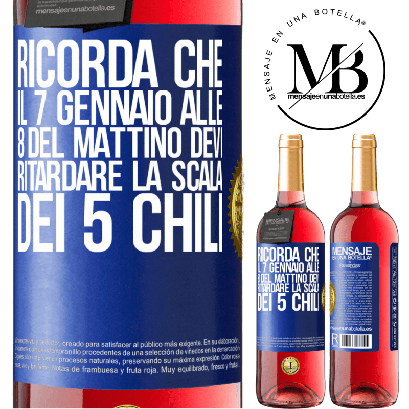 29,95 € Spedizione Gratuita | Vino rosato Edizione ROSÉ Ricorda che il 7 gennaio alle 8 del mattino devi ritardare la scala dei 5 chili Etichetta Blu. Etichetta personalizzabile Vino giovane Raccogliere 2023 Tempranillo