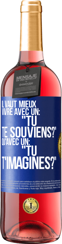 29,95 € Envoi gratuit | Vin rosé Édition ROSÉ Il vaut mieux vivre avec un: "Tu te souviens?" qu'avec un: "Tu t'imagines?" Étiquette Bleue. Étiquette personnalisable Vin jeune Récolte 2024 Tempranillo