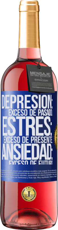 29,95 € | Vino Rosado Edición ROSÉ Depresión: exceso de pasado. Estrés: exceso de presente. Ansiedad: exceso de futuro Etiqueta Azul. Etiqueta personalizable Vino joven Cosecha 2025 Tempranillo