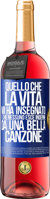 29,95 € | Vino rosato Edizione ROSÉ Quello che la vita mi ha insegnato è che nessuno esce indenne da una bella canzone Etichetta Blu. Etichetta personalizzabile Vino giovane Raccogliere 2024 Tempranillo