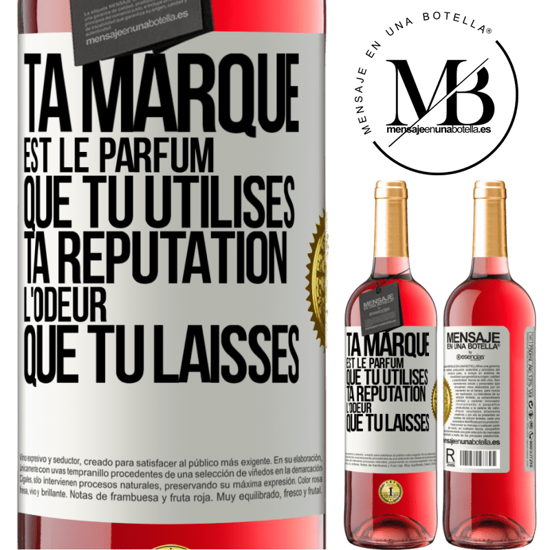 29,95 € Envoi gratuit | Vin rosé Édition ROSÉ Ta marque est le parfum que tu utilises. Ta réputation l'odeur que tu laisses Étiquette Blanche. Étiquette personnalisable Vin jeune Récolte 2025 Tempranillo