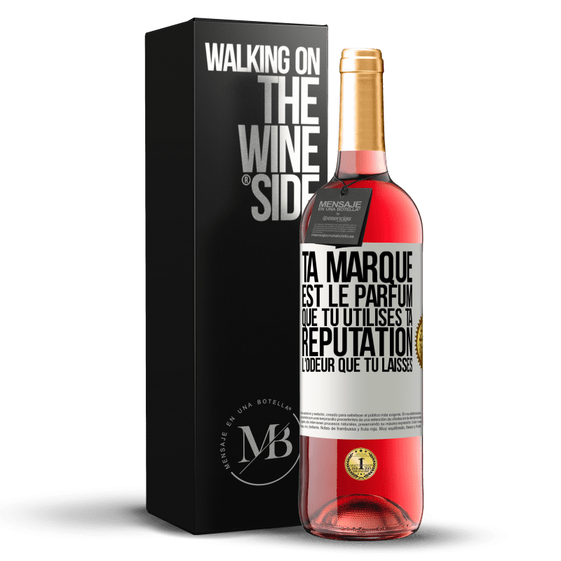 29,95 € Envoi gratuit | Vin rosé Édition ROSÉ Ta marque est le parfum que tu utilises. Ta réputation l'odeur que tu laisses Étiquette Blanche. Étiquette personnalisable Vin jeune Récolte 2024 Tempranillo