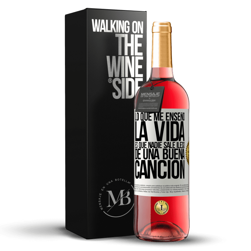 29,95 € Envío gratis | Vino Rosado Edición ROSÉ Lo que me enseñó la vida es que nadie sale ileso de una buena canción Etiqueta Blanca. Etiqueta personalizable Vino joven Cosecha 2024 Tempranillo