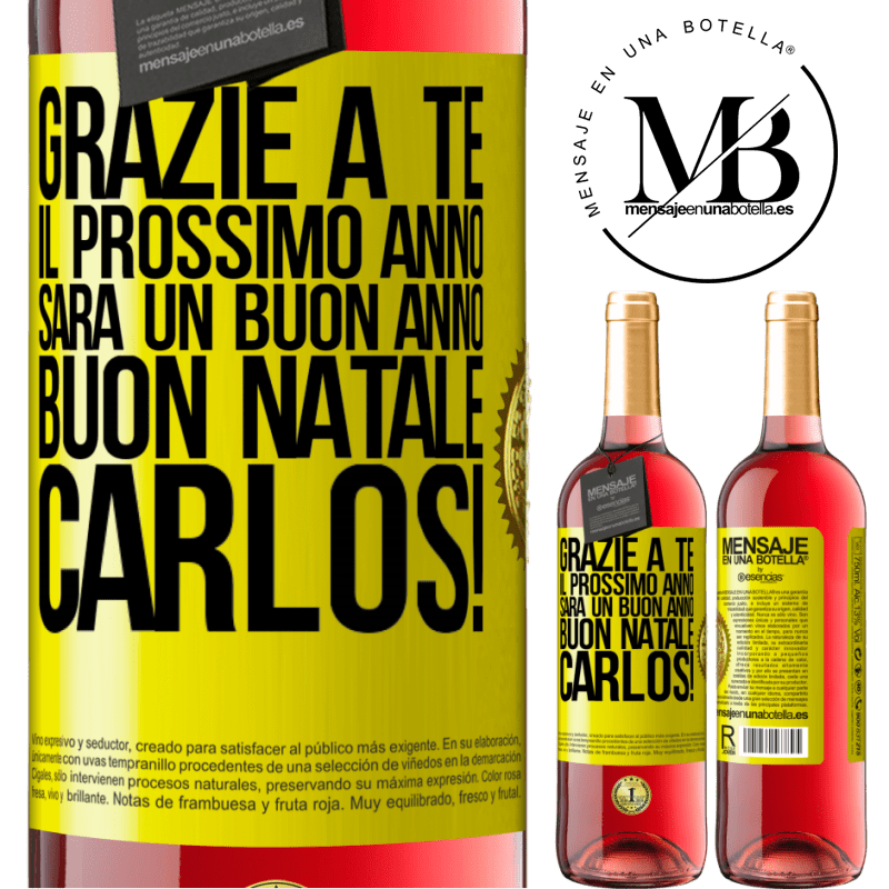 29,95 € Spedizione Gratuita | Vino rosato Edizione ROSÉ Grazie a te il prossimo anno sarà un buon anno. Buon Natale, Carlos! Etichetta Gialla. Etichetta personalizzabile Vino giovane Raccogliere 2023 Tempranillo