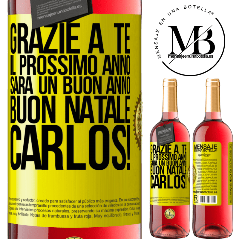 29,95 € Spedizione Gratuita | Vino rosato Edizione ROSÉ Grazie a te il prossimo anno sarà un buon anno. Buon Natale, Carlos! Etichetta Gialla. Etichetta personalizzabile Vino giovane Raccogliere 2025 Tempranillo