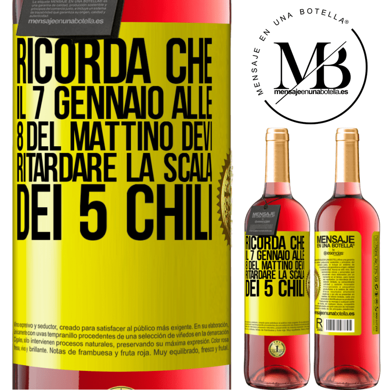 29,95 € Spedizione Gratuita | Vino rosato Edizione ROSÉ Ricorda che il 7 gennaio alle 8 del mattino devi ritardare la scala dei 5 chili Etichetta Gialla. Etichetta personalizzabile Vino giovane Raccogliere 2023 Tempranillo