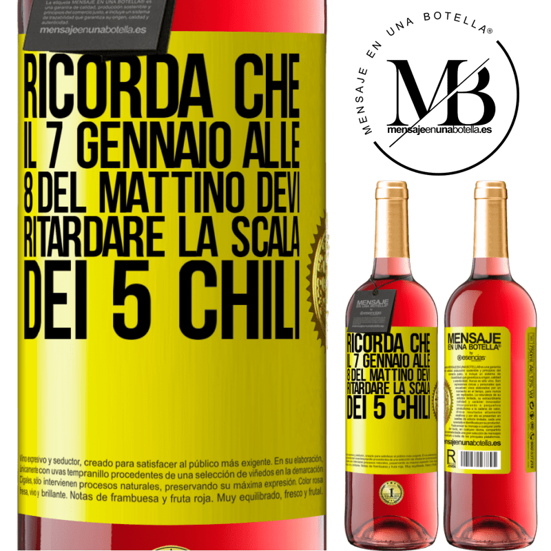 29,95 € Spedizione Gratuita | Vino rosato Edizione ROSÉ Ricorda che il 7 gennaio alle 8 del mattino devi ritardare la scala dei 5 chili Etichetta Gialla. Etichetta personalizzabile Vino giovane Raccogliere 2025 Tempranillo