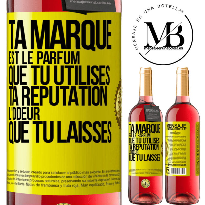 29,95 € Envoi gratuit | Vin rosé Édition ROSÉ Ta marque est le parfum que tu utilises. Ta réputation l'odeur que tu laisses Étiquette Jaune. Étiquette personnalisable Vin jeune Récolte 2024 Tempranillo