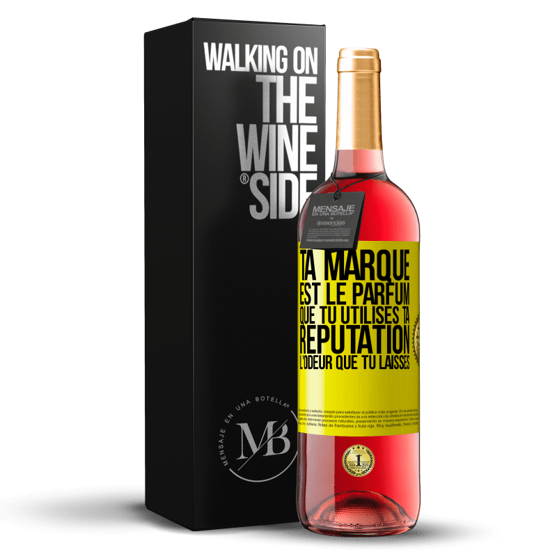 29,95 € Envoi gratuit | Vin rosé Édition ROSÉ Ta marque est le parfum que tu utilises. Ta réputation l'odeur que tu laisses Étiquette Jaune. Étiquette personnalisable Vin jeune Récolte 2024 Tempranillo