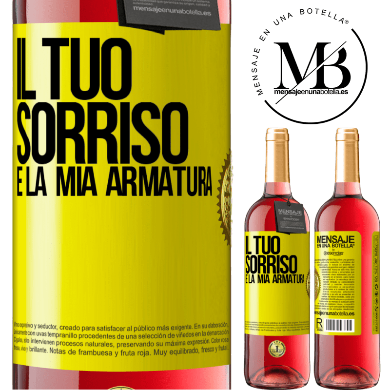 29,95 € Spedizione Gratuita | Vino rosato Edizione ROSÉ Il tuo sorriso è la mia armatura Etichetta Gialla. Etichetta personalizzabile Vino giovane Raccogliere 2025 Tempranillo