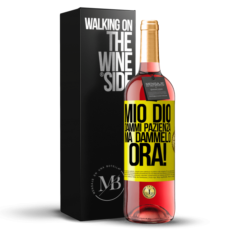 29,95 € Spedizione Gratuita | Vino rosato Edizione ROSÉ mio Dio, dammi pazienza ... Ma dammelo ORA! Etichetta Gialla. Etichetta personalizzabile Vino giovane Raccogliere 2024 Tempranillo