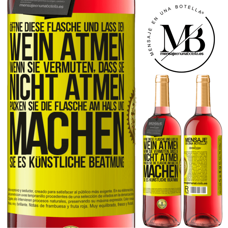 29,95 € Kostenloser Versand | Roséwein ROSÉ Ausgabe Öffnen Sie diese Flasche und lassen Sie den Wein atmen. Wenn Sie vermuten, dass er nicht atmet, packen Sie die Flasche am Hals u Gelbes Etikett. Anpassbares Etikett Junger Wein Ernte 2023 Tempranillo