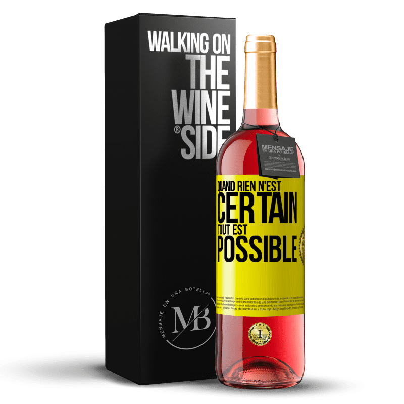 29,95 € Envoi gratuit | Vin rosé Édition ROSÉ Quand rien n'est certain, tout est possible Étiquette Jaune. Étiquette personnalisable Vin jeune Récolte 2024 Tempranillo