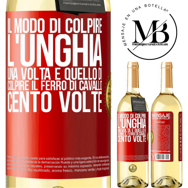 29,95 € Spedizione Gratuita | Vino bianco Edizione WHITE Il modo di colpire l'unghia una volta è quello di colpire il ferro di cavallo cento volte Etichetta Rossa. Etichetta personalizzabile Vino giovane Raccogliere 2023 Verdejo