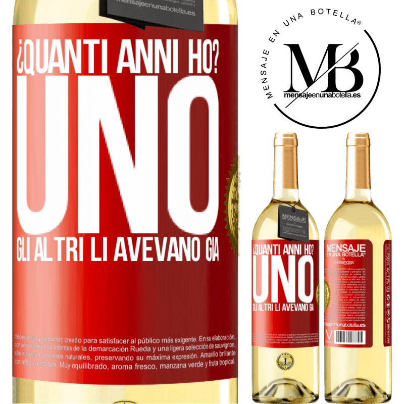 29,95 € Spedizione Gratuita | Vino bianco Edizione WHITE ¿Quanti anni ho? UNO. Gli altri li avevano già Etichetta Rossa. Etichetta personalizzabile Vino giovane Raccogliere 2024 Verdejo