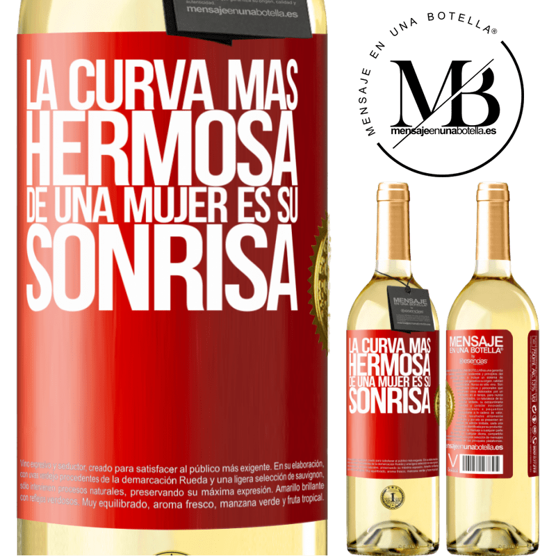 29,95 € Envío gratis | Vino Blanco Edición WHITE La curva más hermosa de una mujer es su sonrisa Etiqueta Roja. Etiqueta personalizable Vino joven Cosecha 2024 Verdejo