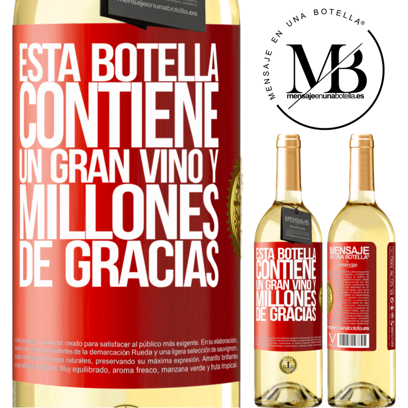 29,95 € Envío gratis | Vino Blanco Edición WHITE Esta botella contiene un gran vino y millones de GRACIAS! Etiqueta Roja. Etiqueta personalizable Vino joven Cosecha 2023 Verdejo