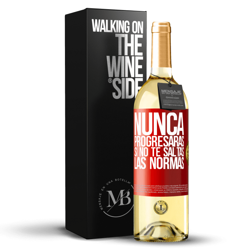 29,95 € Envío gratis | Vino Blanco Edición WHITE Nunca progresarás si no te saltas las normas Etiqueta Roja. Etiqueta personalizable Vino joven Cosecha 2024 Verdejo