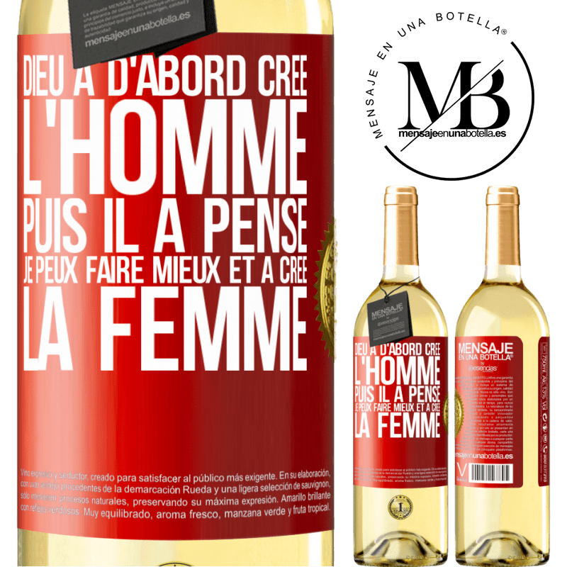 29,95 € Envoi gratuit | Vin blanc Édition WHITE Dieu a d'abord créé l'homme. Puis il a pensé. Je peux faire mieux et a créé la femme Étiquette Rouge. Étiquette personnalisable Vin jeune Récolte 2023 Verdejo