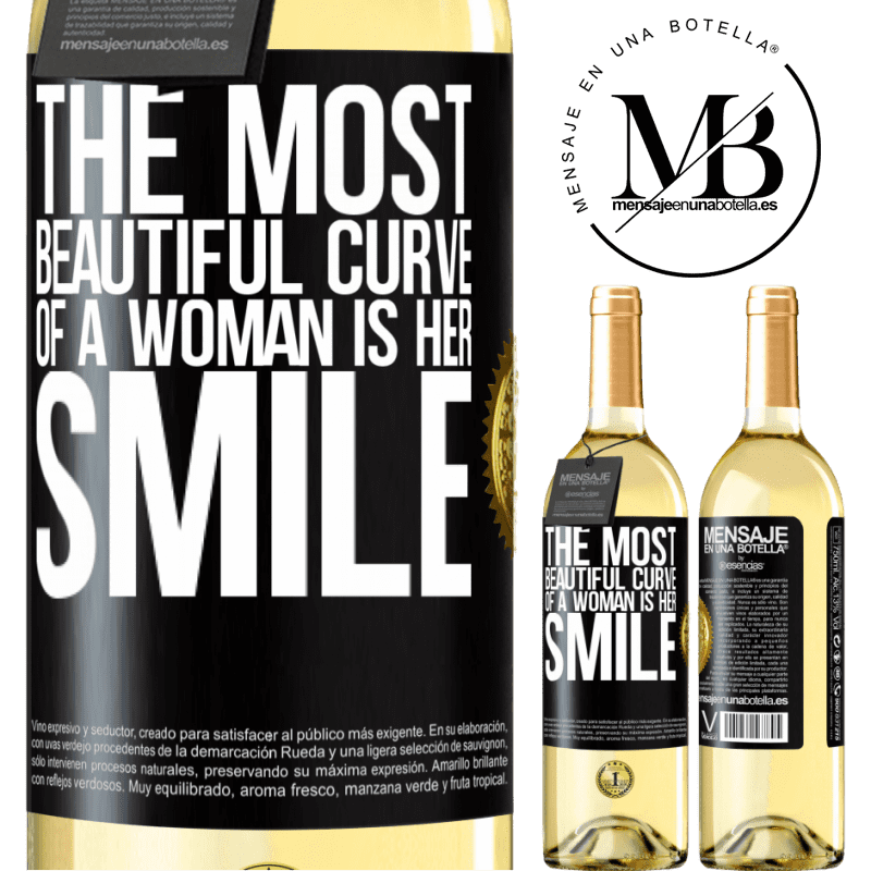 29,95 € Free Shipping | White Wine WHITE Edition The most beautiful curve of a woman is her smile Black Label. Customizable label Young wine Harvest 2022 Verdejo