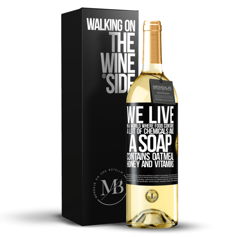29,95 € Free Shipping | White Wine WHITE Edition We live in a world where food contains a lot of chemicals and a soap contains oatmeal, honey and vitamins Black Label. Customizable label Young wine Harvest 2024 Verdejo