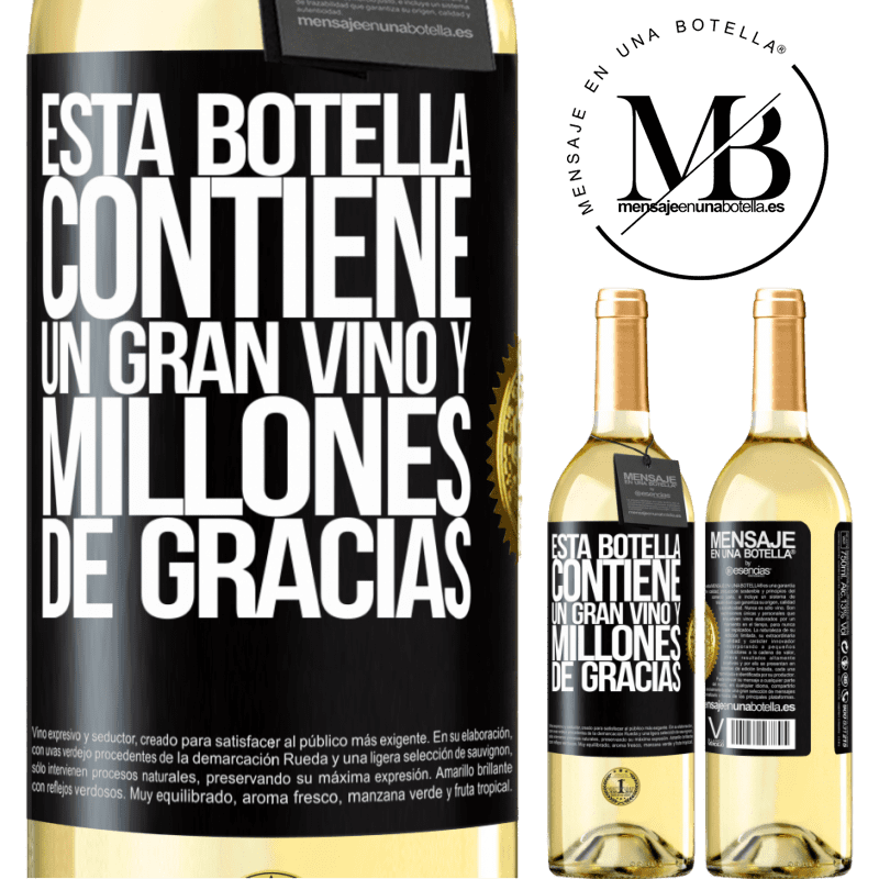 29,95 € Envío gratis | Vino Blanco Edición WHITE Esta botella contiene un gran vino y millones de GRACIAS! Etiqueta Negra. Etiqueta personalizable Vino joven Cosecha 2023 Verdejo