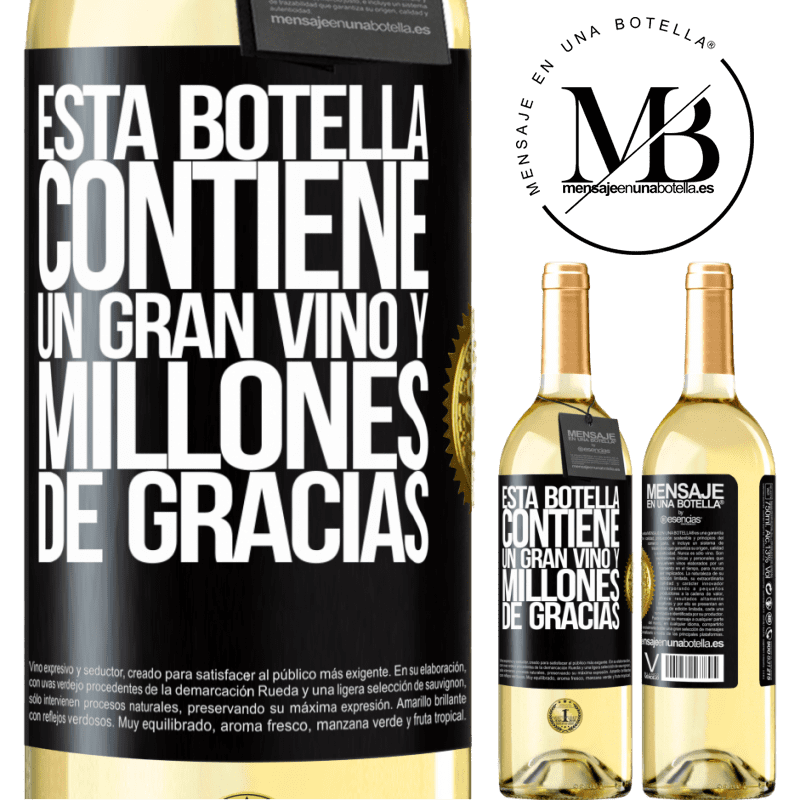 29,95 € Envío gratis | Vino Blanco Edición WHITE Esta botella contiene un gran vino y millones de GRACIAS! Etiqueta Negra. Etiqueta personalizable Vino joven Cosecha 2025 Verdejo
