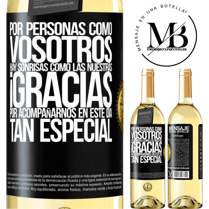 29,95 € Envoi gratuit | Vin blanc Édition WHITE Pour des gens comme vous, il y a des sourires comme le nôtre. Merci de vous joindre à nous en cette journée spéciale Étiquette Noire. Étiquette personnalisable Vin jeune Récolte 2022 Verdejo