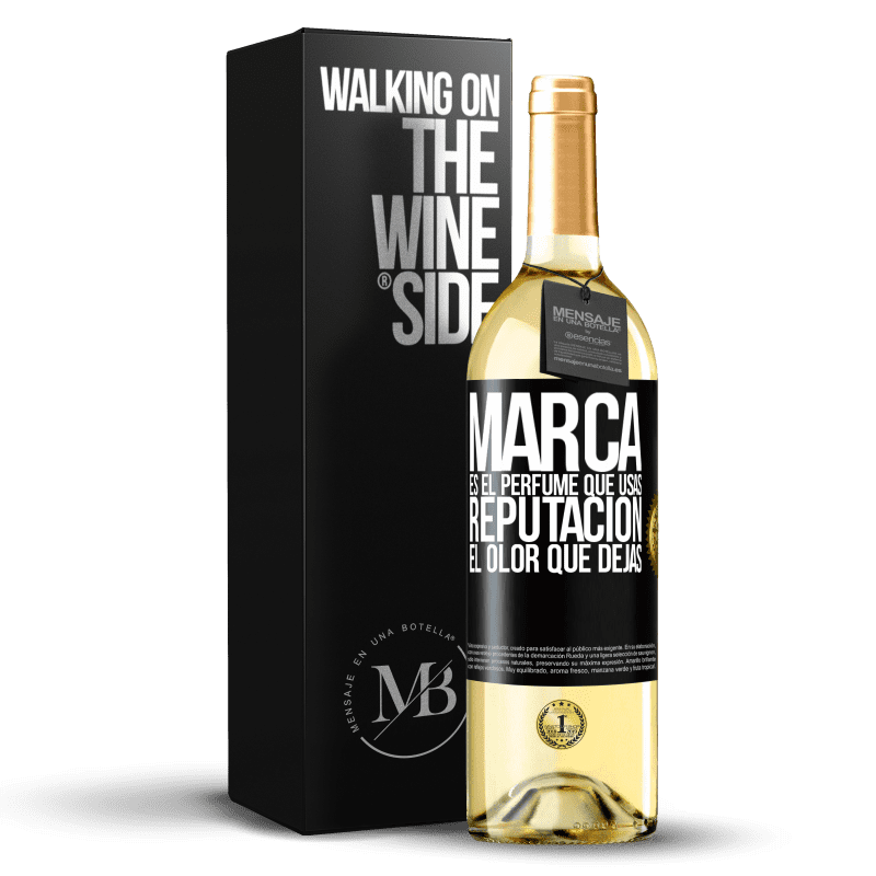 29,95 € Envío gratis | Vino Blanco Edición WHITE Marca es el perfume que usas. Reputación, el olor que dejas Etiqueta Negra. Etiqueta personalizable Vino joven Cosecha 2023 Verdejo