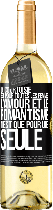 29,95 € | Vin blanc Édition WHITE La courtoisie est pour toutes les femmes. L'amour et le romantisme n'est que pour une seule Étiquette Noire. Étiquette personnalisable Vin jeune Récolte 2025 Verdejo