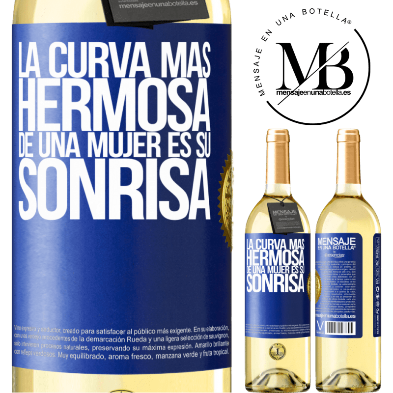 29,95 € Envío gratis | Vino Blanco Edición WHITE La curva más hermosa de una mujer es su sonrisa Etiqueta Azul. Etiqueta personalizable Vino joven Cosecha 2025 Verdejo