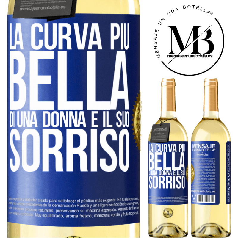 29,95 € Spedizione Gratuita | Vino bianco Edizione WHITE La curva più bella di una donna è il suo sorriso Etichetta Blu. Etichetta personalizzabile Vino giovane Raccogliere 2025 Verdejo