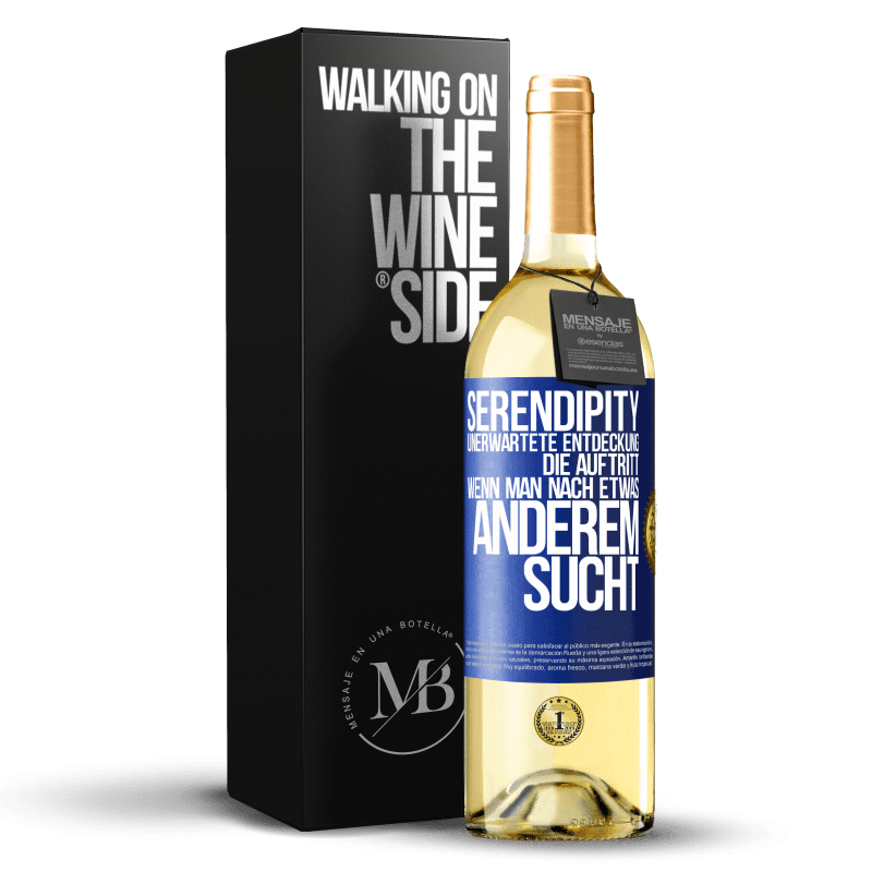 29,95 € Kostenloser Versand | Weißwein WHITE Ausgabe Serendipity: Unerwartete Entdeckung, die auftritt, wenn man nach etwas anderem sucht Blaue Markierung. Anpassbares Etikett Junger Wein Ernte 2023 Verdejo