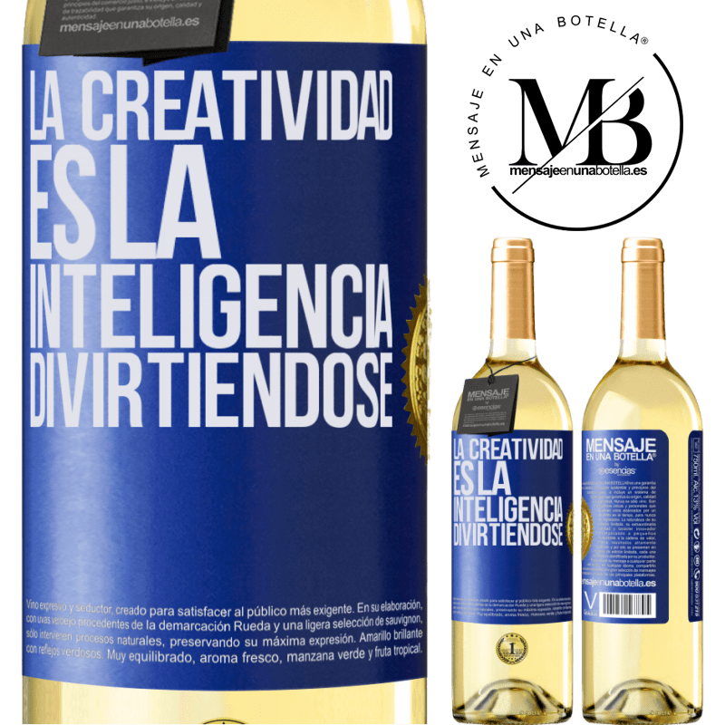 29,95 € Envío gratis | Vino Blanco Edición WHITE La creatividad es la inteligencia divirtiéndose Etiqueta Azul. Etiqueta personalizable Vino joven Cosecha 2023 Verdejo