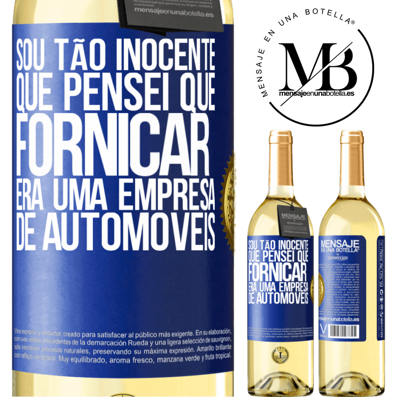 29,95 € Envio grátis | Vinho branco Edição WHITE Sou tão inocente que pensei que fornicar era uma empresa de automóveis Etiqueta Azul. Etiqueta personalizável Vinho jovem Colheita 2024 Verdejo