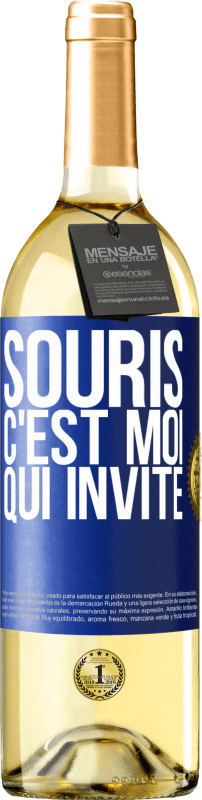 Envoi gratuit | Vin blanc Édition WHITE Souris, c'est moi qui invite Étiquette Bleue. Étiquette personnalisable Vin jeune Récolte 2023 Verdejo