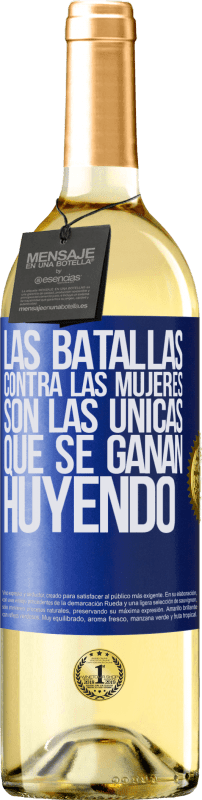 29,95 € Envío gratis | Vino Blanco Edición WHITE Las batallas contra las mujeres son las únicas que se ganan huyendo Etiqueta Azul. Etiqueta personalizable Vino joven Cosecha 2025 Verdejo