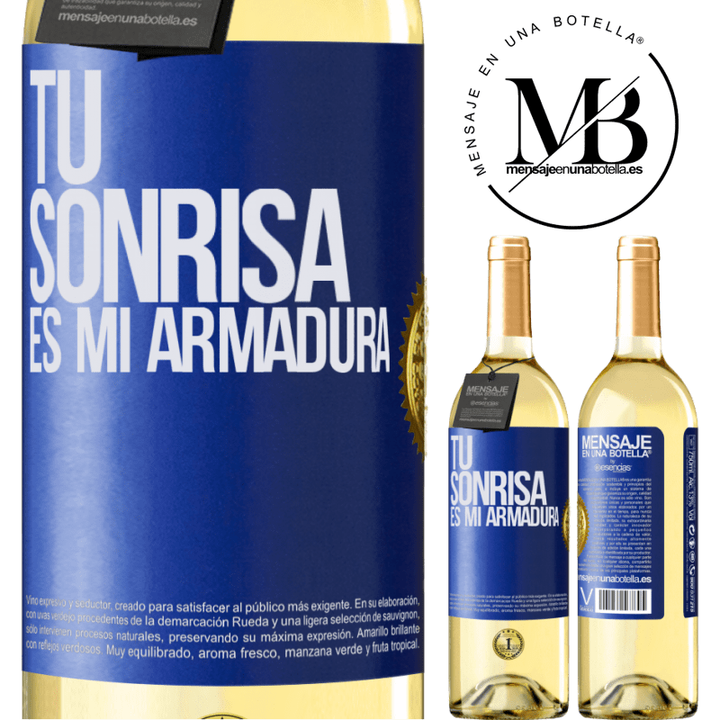 29,95 € Envío gratis | Vino Blanco Edición WHITE Tu sonrisa es mi armadura Etiqueta Azul. Etiqueta personalizable Vino joven Cosecha 2025 Verdejo