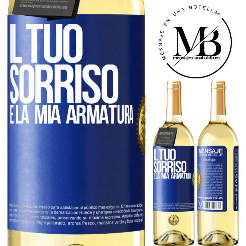 29,95 € Spedizione Gratuita | Vino bianco Edizione WHITE Il tuo sorriso è la mia armatura Etichetta Blu. Etichetta personalizzabile Vino giovane Raccogliere 2025 Verdejo