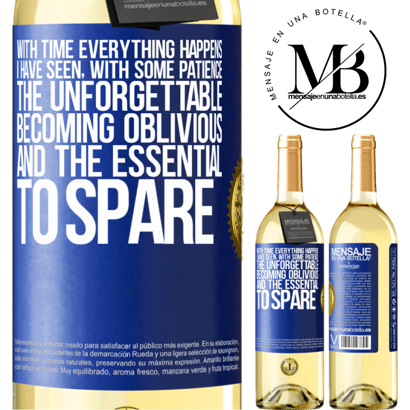 29,95 € Free Shipping | White Wine WHITE Edition With time everything happens. I have seen, with some patience, the unforgettable becoming oblivious, and the essential to Blue Label. Customizable label Young wine Harvest 2022 Verdejo
