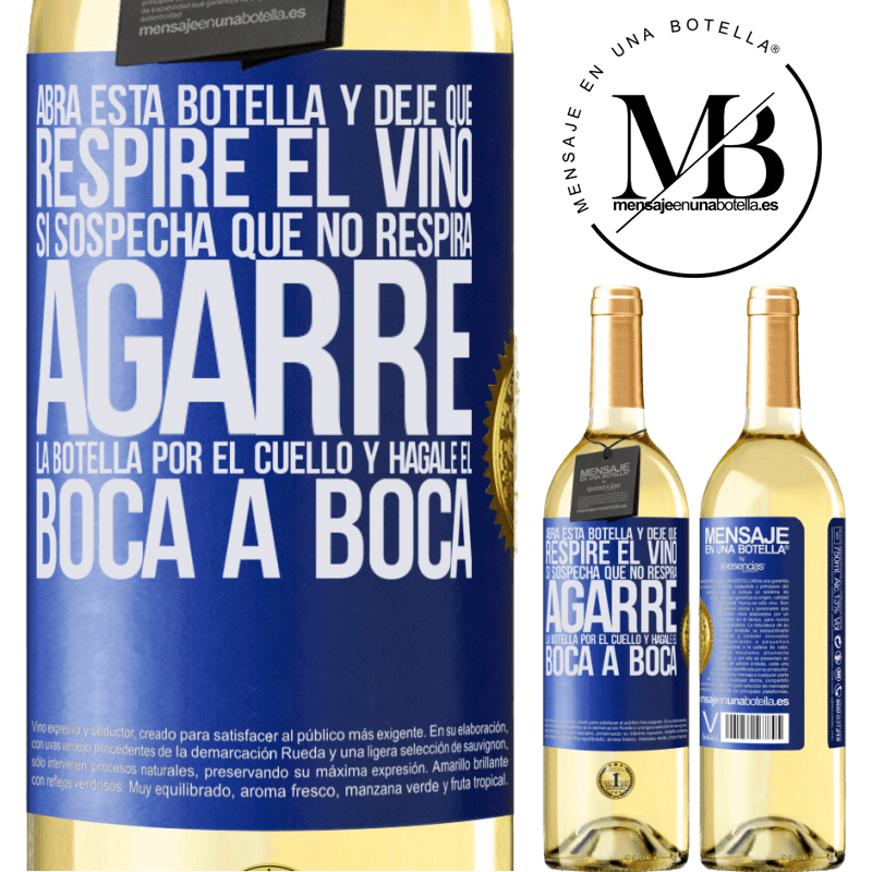 29,95 € Envío gratis | Vino Blanco Edición WHITE Abra esta botella y deje que respire el vino. Si sospecha que no respira, agarre la botella por el cuello y hágale el boca a Etiqueta Azul. Etiqueta personalizable Vino joven Cosecha 2023 Verdejo