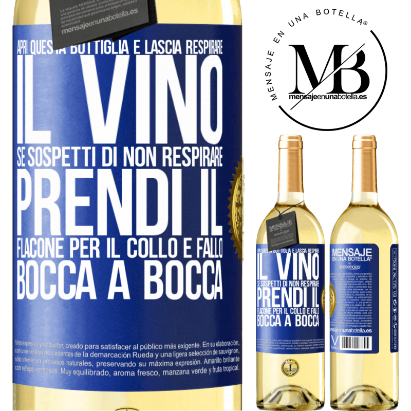 29,95 € Spedizione Gratuita | Vino bianco Edizione WHITE Apri questa bottiglia e lascia respirare il vino. Se sospetti di non respirare, prendi il flacone per il collo e fallo bocca Etichetta Blu. Etichetta personalizzabile Vino giovane Raccogliere 2023 Verdejo