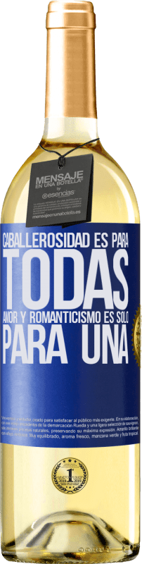 29,95 € Envío gratis | Vino Blanco Edición WHITE Caballerosidad es para todas. Amor y romanticismo es solo para una Etiqueta Azul. Etiqueta personalizable Vino joven Cosecha 2023 Verdejo