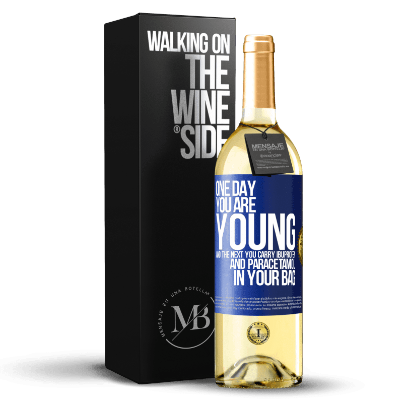 29,95 € Free Shipping | White Wine WHITE Edition One day you are young and the next you carry ibuprofen and paracetamol in your bag Blue Label. Customizable label Young wine Harvest 2022 Verdejo