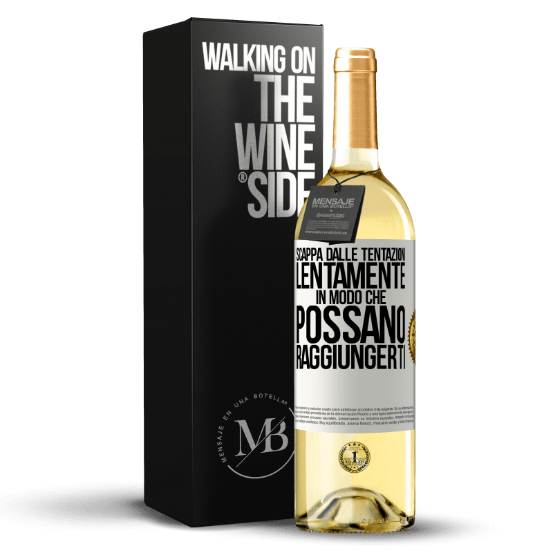 29,95 € Spedizione Gratuita | Vino bianco Edizione WHITE Scappa dalle tentazioni ... lentamente, in modo che possano raggiungerti Etichetta Bianca. Etichetta personalizzabile Vino giovane Raccogliere 2024 Verdejo