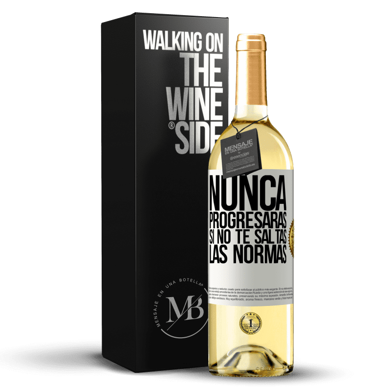 29,95 € Envío gratis | Vino Blanco Edición WHITE Nunca progresarás si no te saltas las normas Etiqueta Blanca. Etiqueta personalizable Vino joven Cosecha 2024 Verdejo